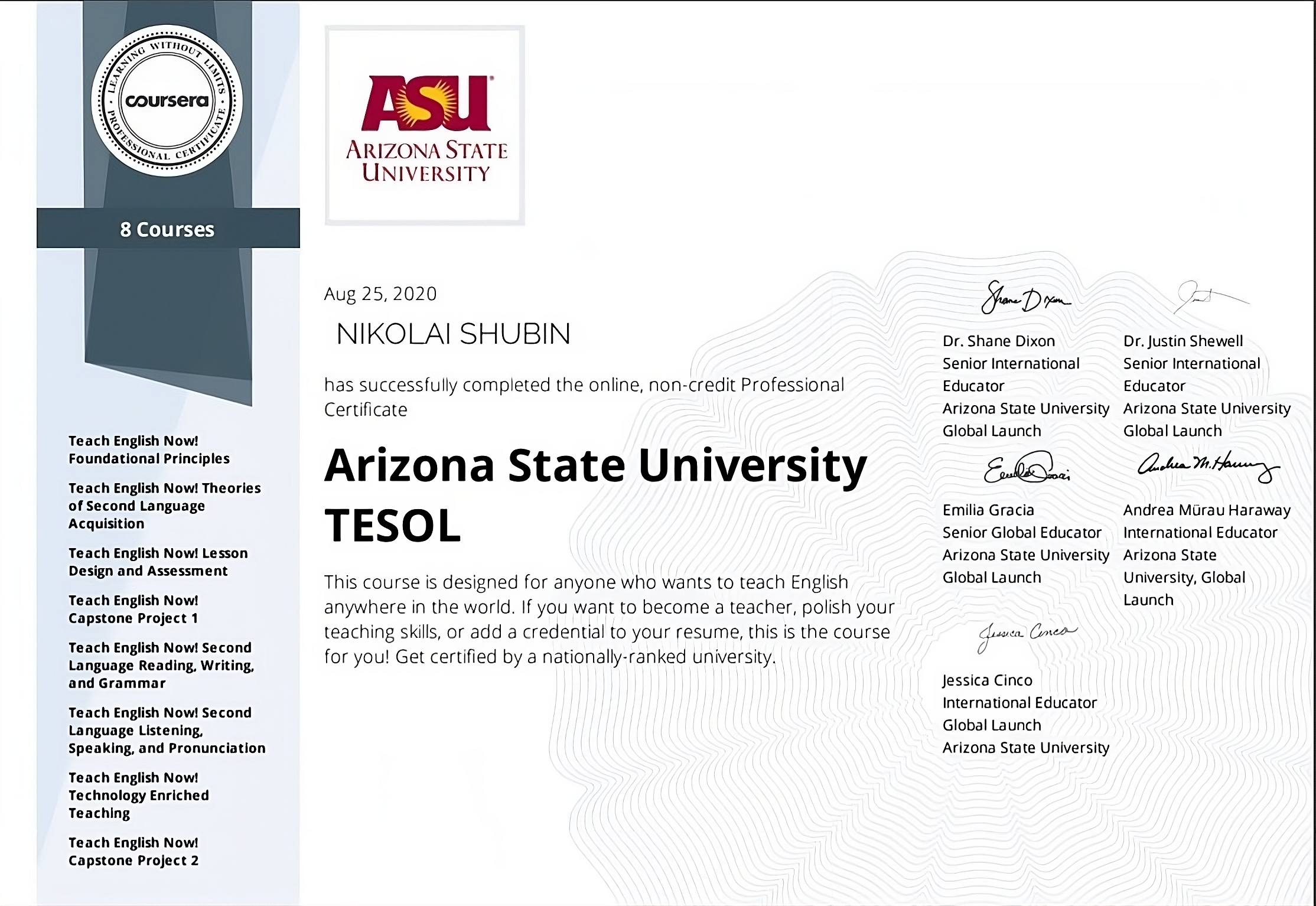 TESOL Certificate - University of Arizona